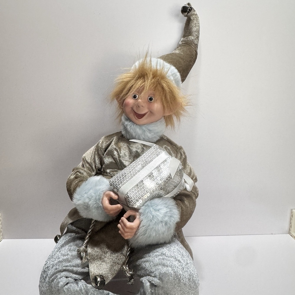 Elf 27" Shelf Sitting Posable Legs Silver  Bells Present Christmas Whimsical